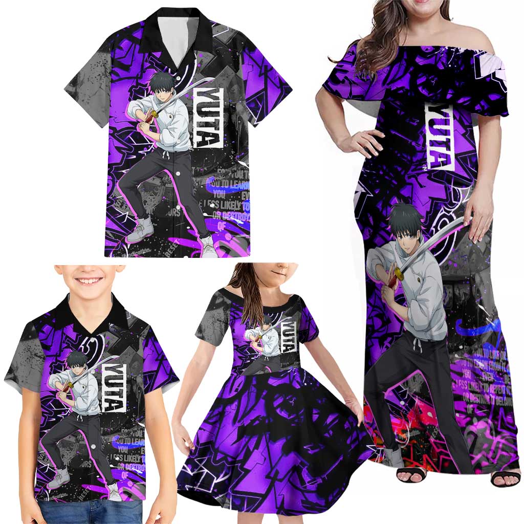 Yuta Okkotsu Jujutsu Kaisen Family Matching Off Shoulder Maxi Dress and Hawaiian Shirt Neon Graffiti Anime Fusion