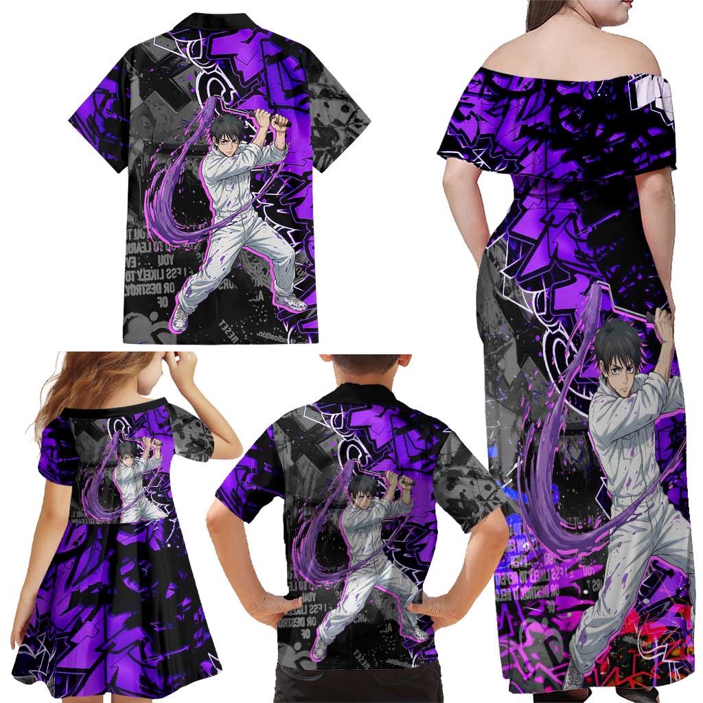 Yuta Okkotsu Jujutsu Kaisen Family Matching Off Shoulder Maxi Dress and Hawaiian Shirt Neon Graffiti Anime Fusion