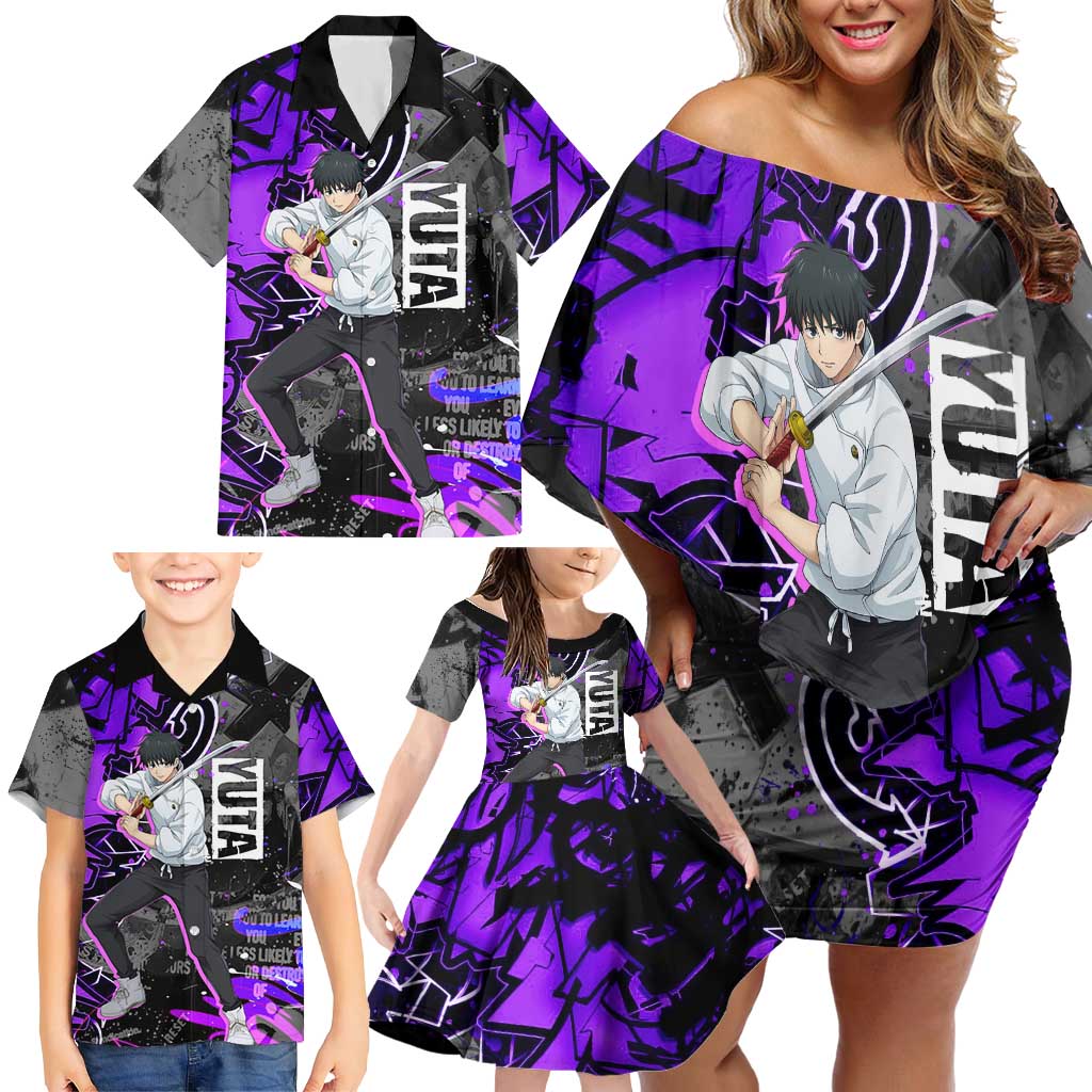 Yuta Okkotsu Jujutsu Kaisen Family Matching Off Shoulder Short Dress and Hawaiian Shirt Neon Graffiti Anime Fusion
