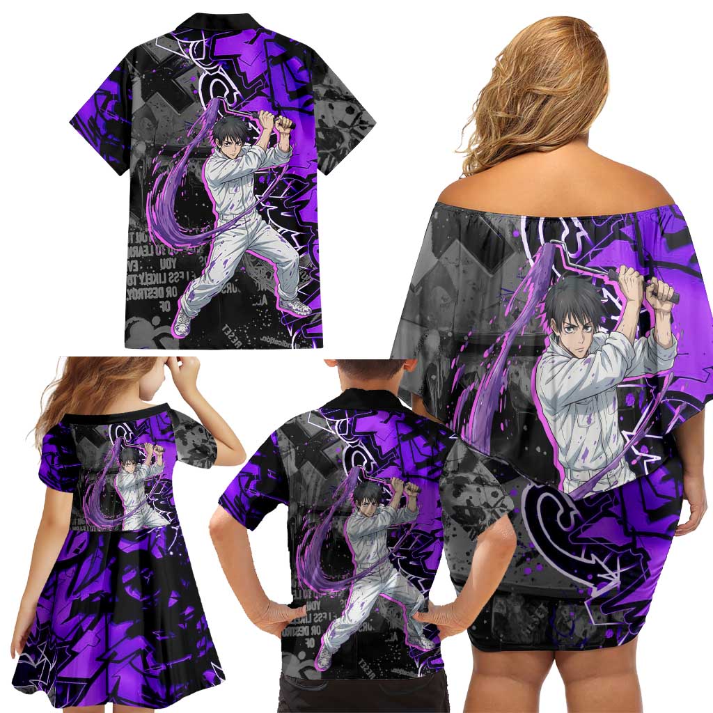 Yuta Okkotsu Jujutsu Kaisen Family Matching Off Shoulder Short Dress and Hawaiian Shirt Neon Graffiti Anime Fusion