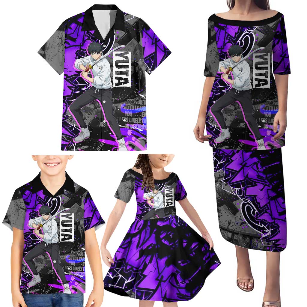 Yuta Okkotsu Jujutsu Kaisen Family Matching Puletasi and Hawaiian Shirt Neon Graffiti Anime Fusion