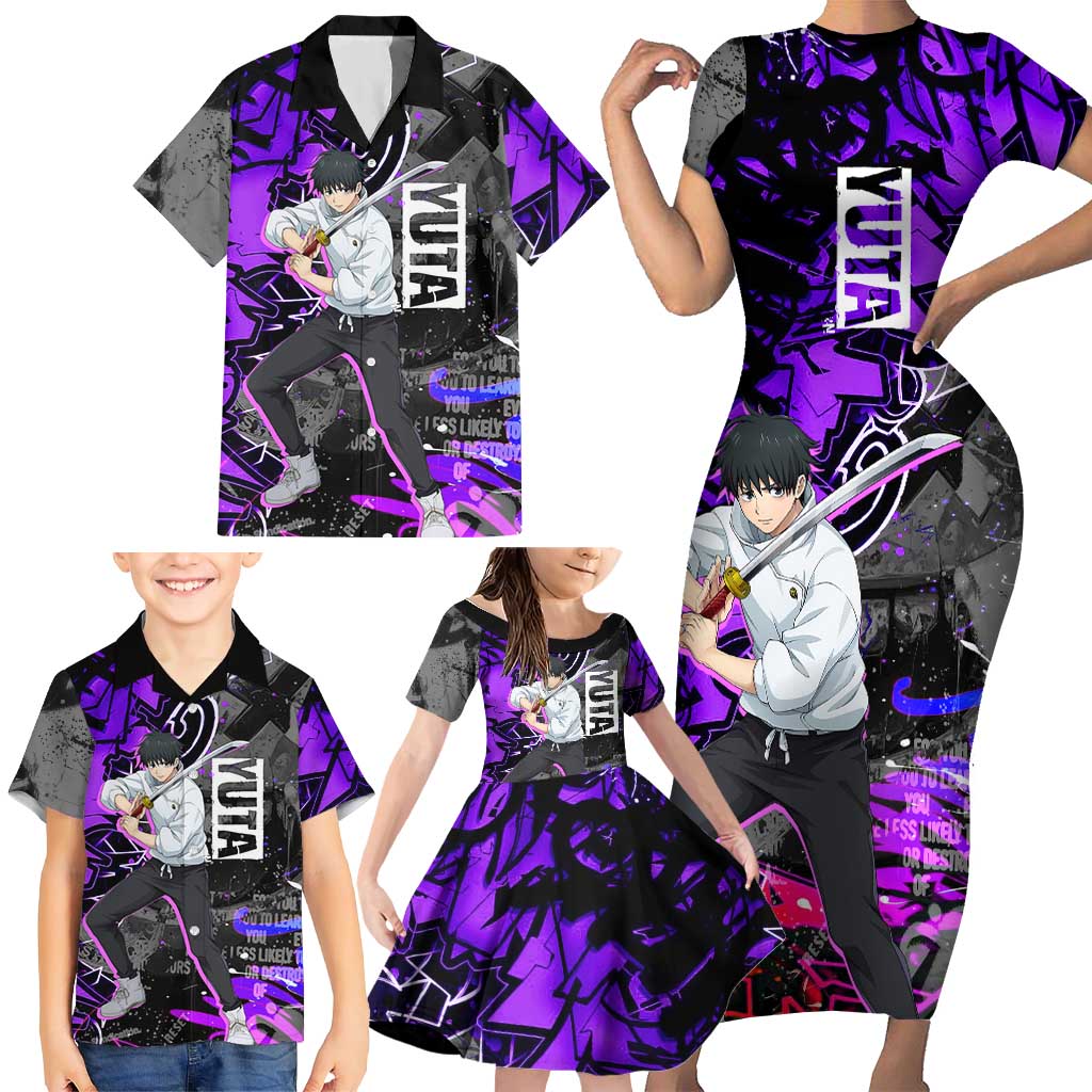 Yuta Okkotsu Jujutsu Kaisen Family Matching Short Sleeve Bodycon Dress and Hawaiian Shirt Neon Graffiti Anime Fusion