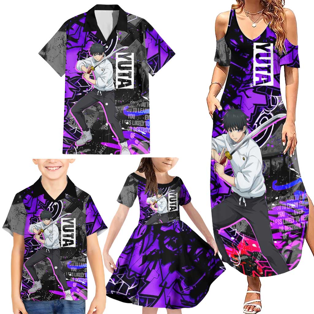 Yuta Okkotsu Jujutsu Kaisen Family Matching Summer Maxi Dress and Hawaiian Shirt Neon Graffiti Anime Fusion