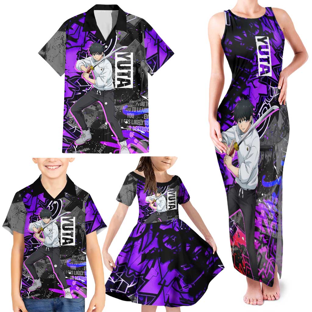 Yuta Okkotsu Jujutsu Kaisen Family Matching Tank Maxi Dress and Hawaiian Shirt Neon Graffiti Anime Fusion