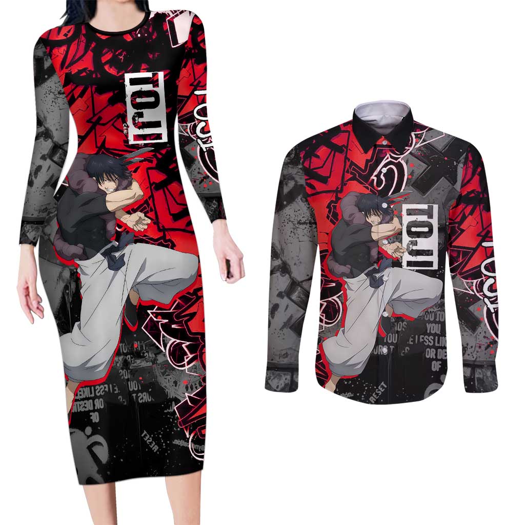 Toji Fushiguro Couples Matching Long Sleeve Bodycon Dress and Long Sleeve Button Shirt Urban Graffiti Anime Style