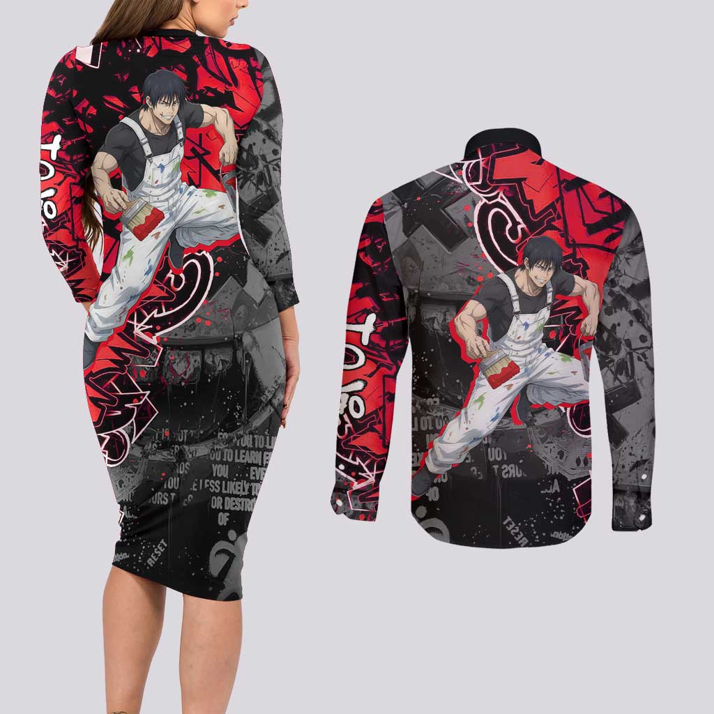 Toji Fushiguro Couples Matching Long Sleeve Bodycon Dress and Long Sleeve Button Shirt Urban Graffiti Anime Style