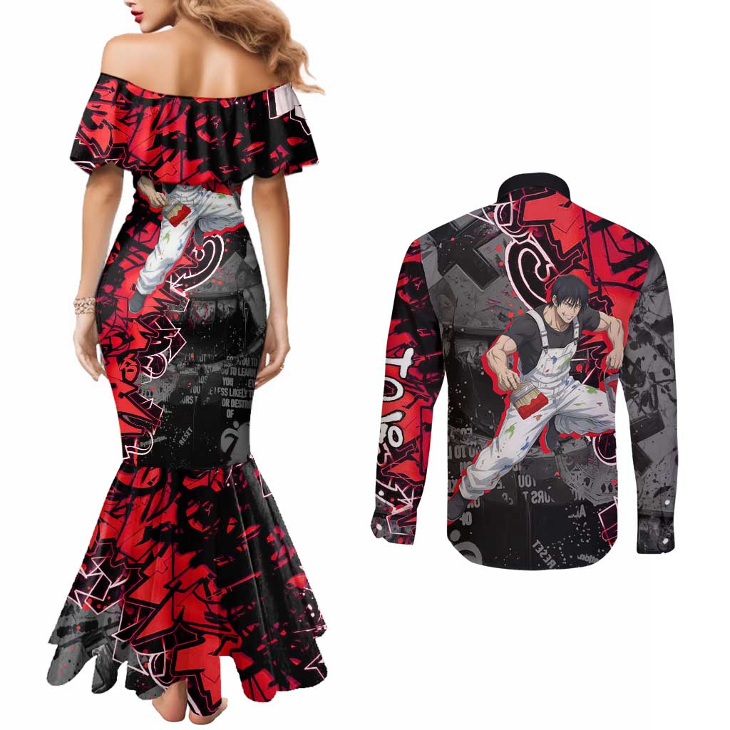 Toji Fushiguro Couples Matching Mermaid Dress and Long Sleeve Button Shirt Urban Graffiti Anime Style