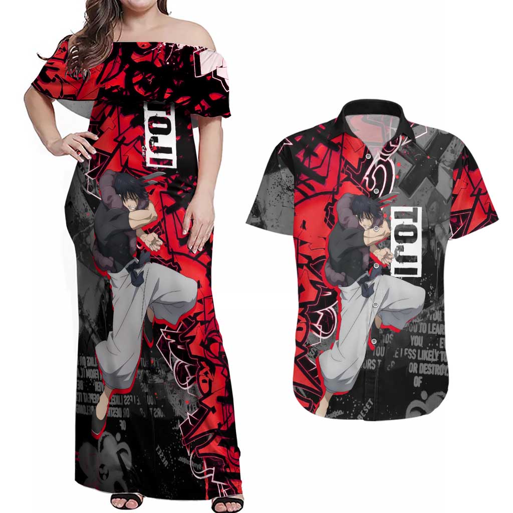 Toji Fushiguro Couples Matching Off Shoulder Maxi Dress and Hawaiian Shirt Urban Graffiti Anime Style