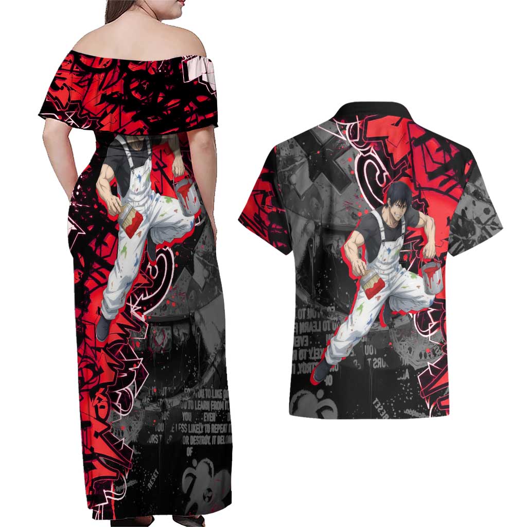 Toji Fushiguro Couples Matching Off Shoulder Maxi Dress and Hawaiian Shirt Urban Graffiti Anime Style