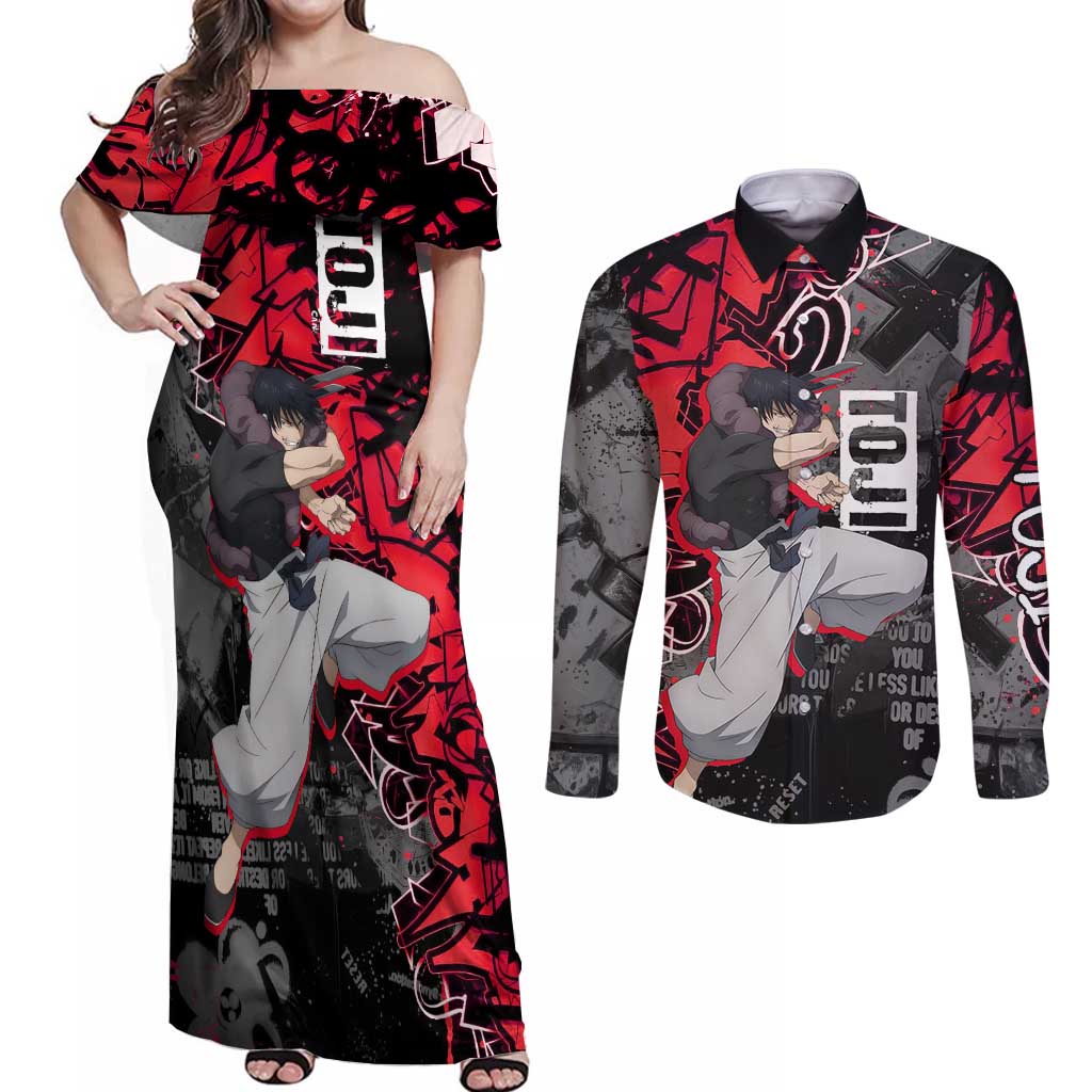 Toji Fushiguro Couples Matching Off Shoulder Maxi Dress and Long Sleeve Button Shirt Urban Graffiti Anime Style