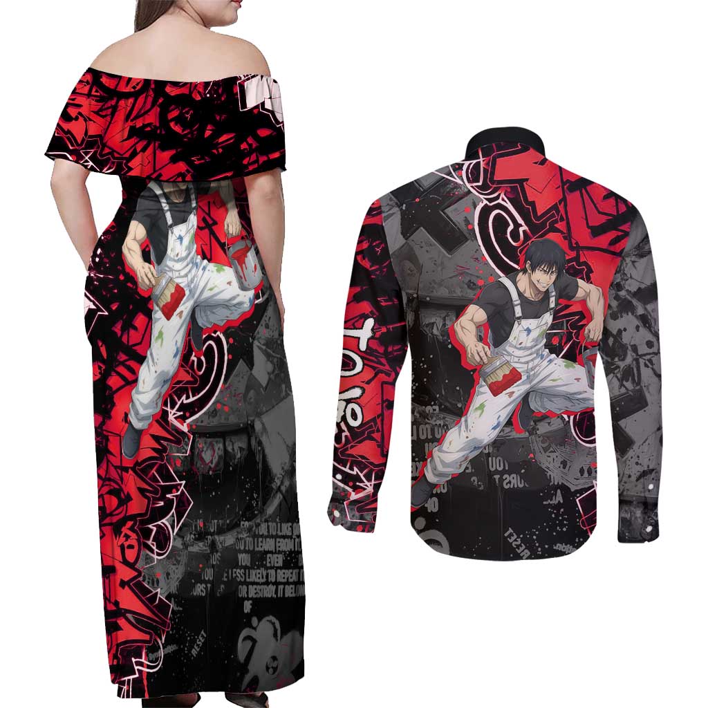 Toji Fushiguro Couples Matching Off Shoulder Maxi Dress and Long Sleeve Button Shirt Urban Graffiti Anime Style
