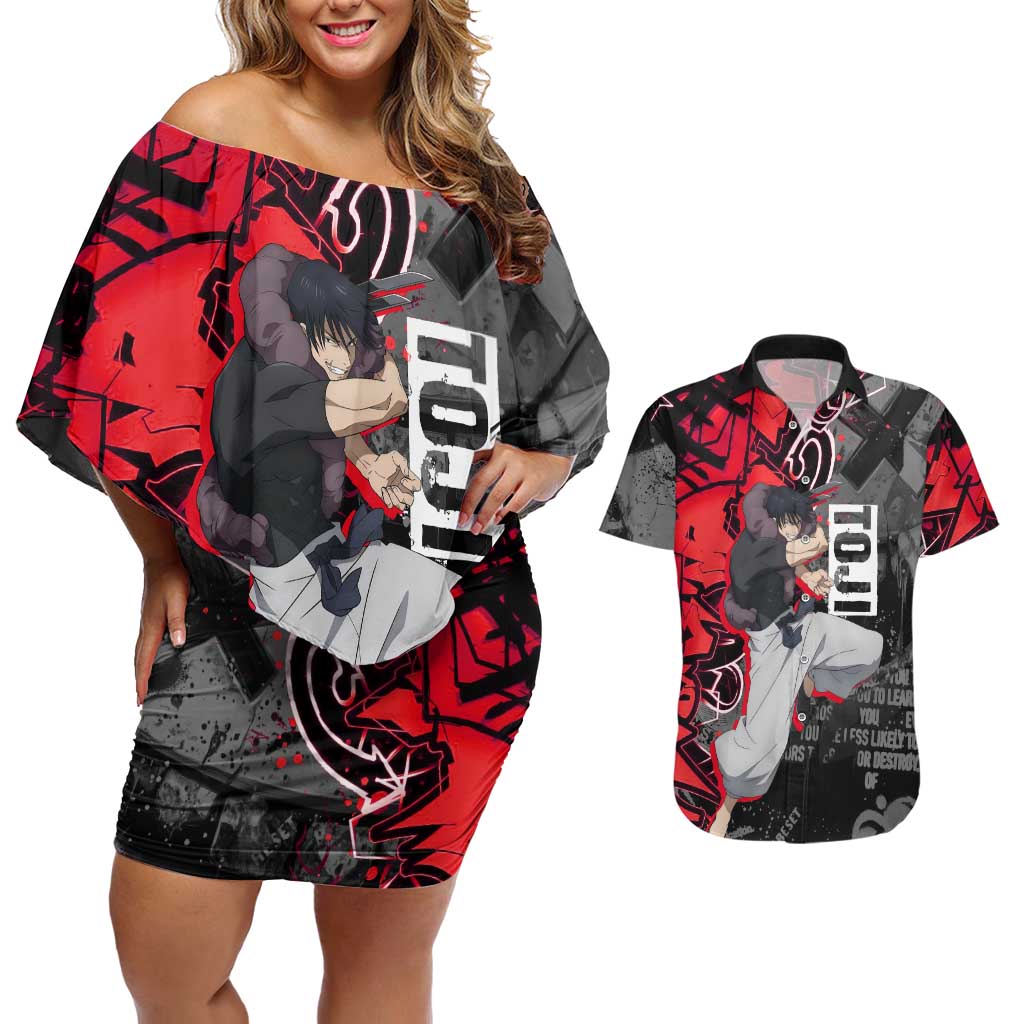 Toji Fushiguro Couples Matching Off Shoulder Short Dress and Hawaiian Shirt Urban Graffiti Anime Style