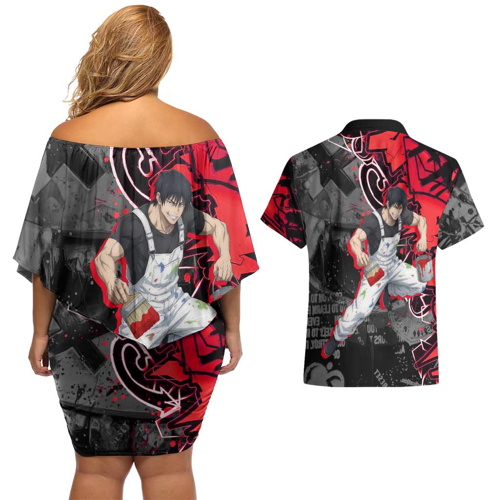 Toji Fushiguro Couples Matching Off Shoulder Short Dress and Hawaiian Shirt Urban Graffiti Anime Style