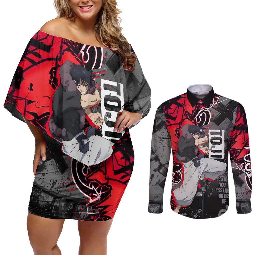 Toji Fushiguro Couples Matching Off Shoulder Short Dress and Long Sleeve Button Shirt Urban Graffiti Anime Style