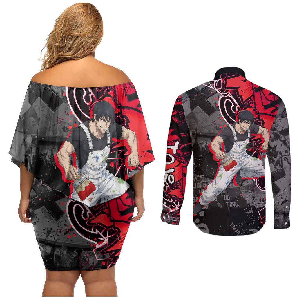 Toji Fushiguro Couples Matching Off Shoulder Short Dress and Long Sleeve Button Shirt Urban Graffiti Anime Style