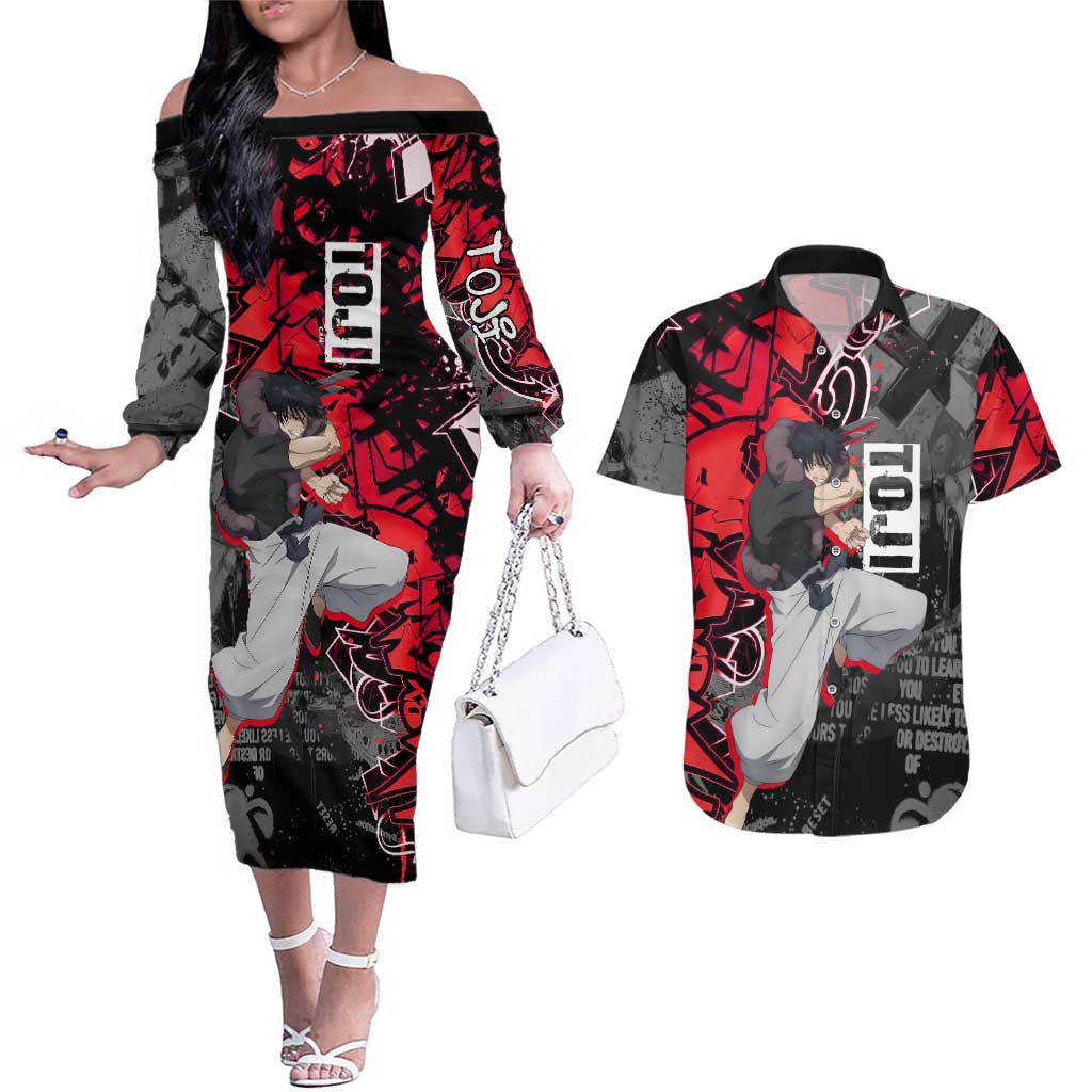 Toji Fushiguro Couples Matching Off The Shoulder Long Sleeve Dress and Hawaiian Shirt Urban Graffiti Anime Style
