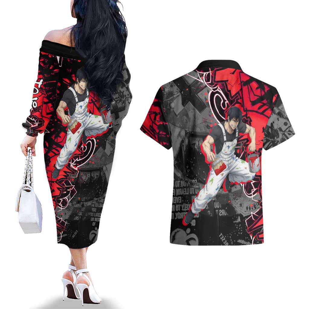Toji Fushiguro Couples Matching Off The Shoulder Long Sleeve Dress and Hawaiian Shirt Urban Graffiti Anime Style