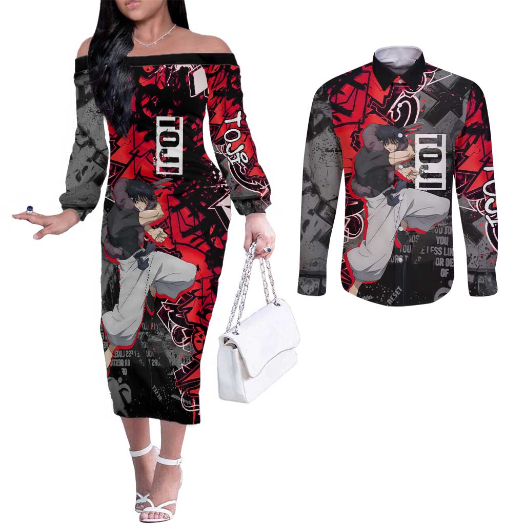 Toji Fushiguro Couples Matching Off The Shoulder Long Sleeve Dress and Long Sleeve Button Shirt Urban Graffiti Anime Style