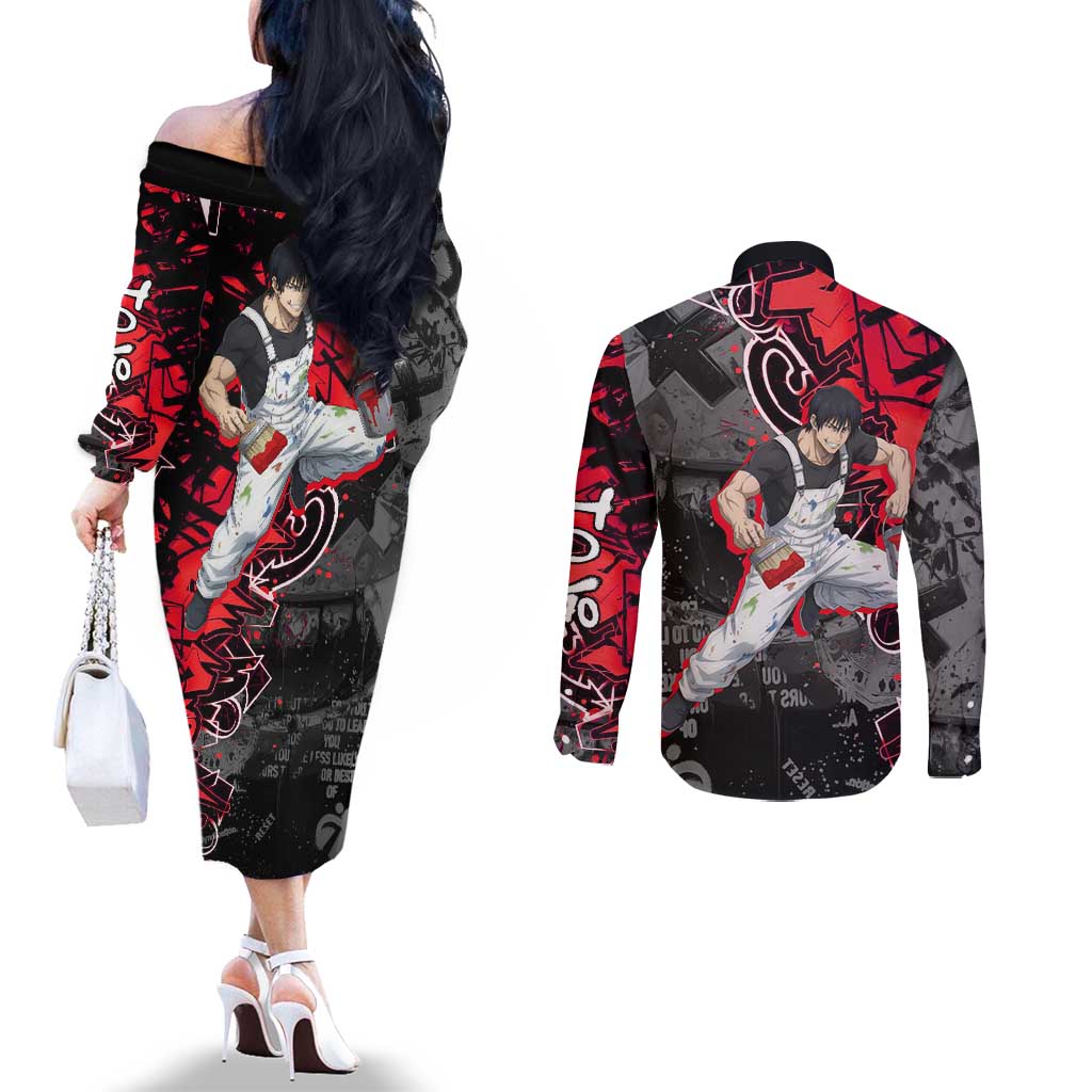 Toji Fushiguro Couples Matching Off The Shoulder Long Sleeve Dress and Long Sleeve Button Shirt Urban Graffiti Anime Style