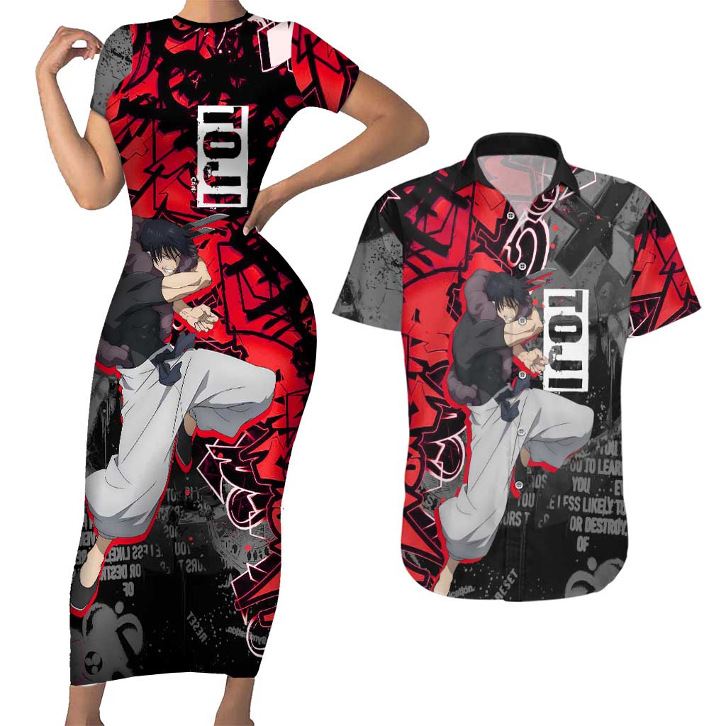 Toji Fushiguro Couples Matching Short Sleeve Bodycon Dress and Hawaiian Shirt Urban Graffiti Anime Style