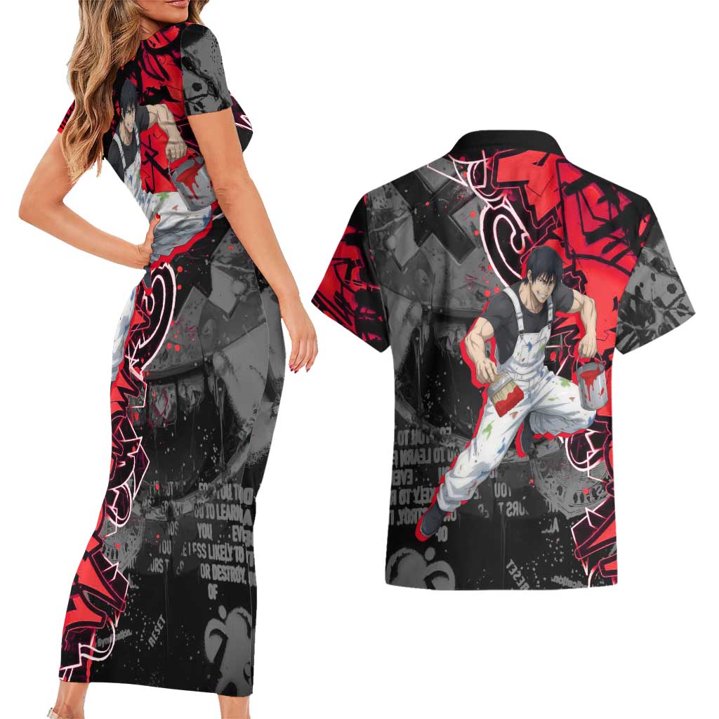 Toji Fushiguro Couples Matching Short Sleeve Bodycon Dress and Hawaiian Shirt Urban Graffiti Anime Style