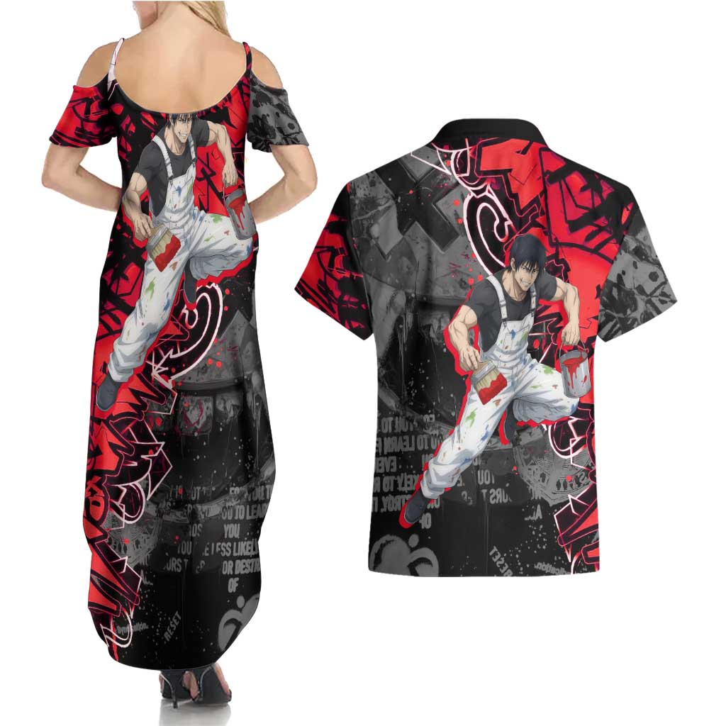 Toji Fushiguro Couples Matching Summer Maxi Dress and Hawaiian Shirt Urban Graffiti Anime Style