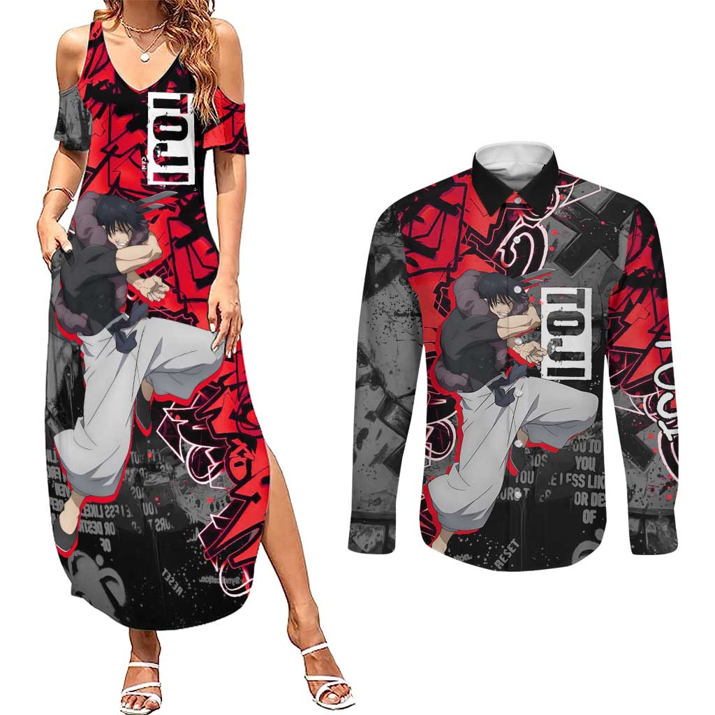 Toji Fushiguro Couples Matching Summer Maxi Dress and Long Sleeve Button Shirt Urban Graffiti Anime Style