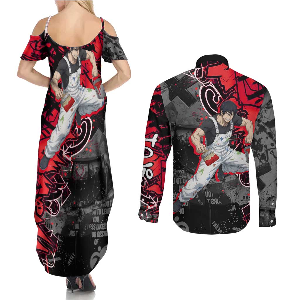 Toji Fushiguro Couples Matching Summer Maxi Dress and Long Sleeve Button Shirt Urban Graffiti Anime Style