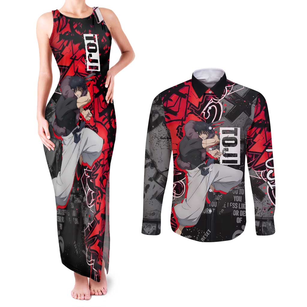 Toji Fushiguro Couples Matching Tank Maxi Dress and Long Sleeve Button Shirt Urban Graffiti Anime Style