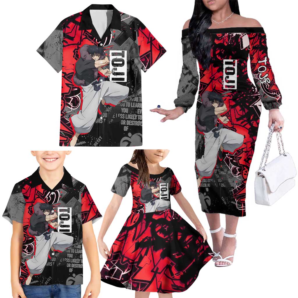 Toji Fushiguro Family Matching Off The Shoulder Long Sleeve Dress and Hawaiian Shirt Urban Graffiti Anime Style
