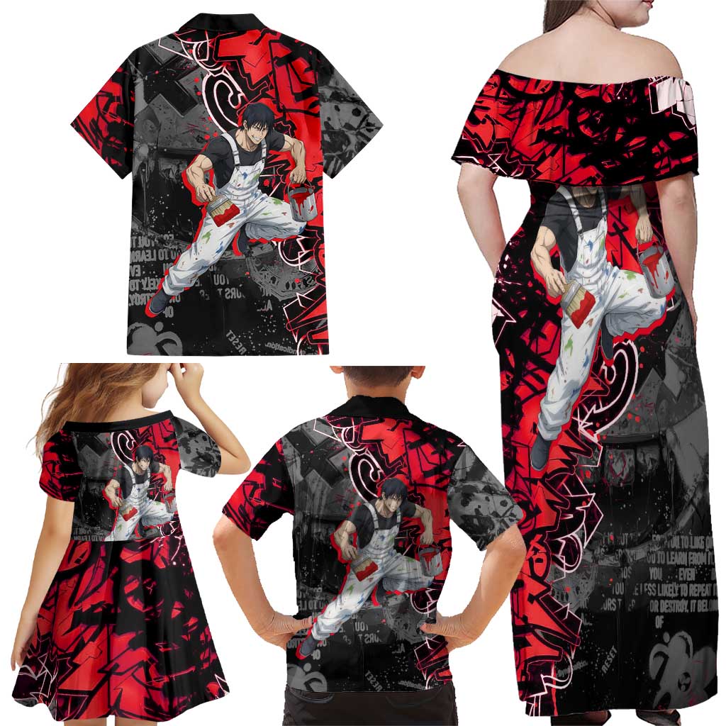 Toji Fushiguro Family Matching Off Shoulder Maxi Dress and Hawaiian Shirt Urban Graffiti Anime Style
