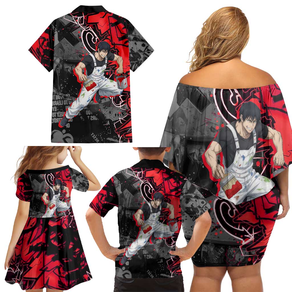 Toji Fushiguro Family Matching Off Shoulder Short Dress and Hawaiian Shirt Urban Graffiti Anime Style