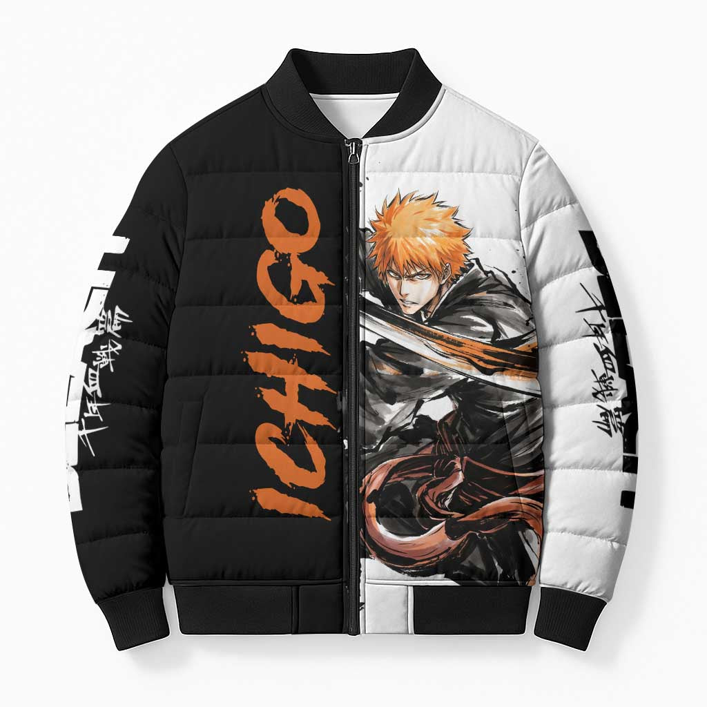 Personalized Ichigo Kurosaki Bomber Puffer Jacket Ink Splash Anime Brush Style