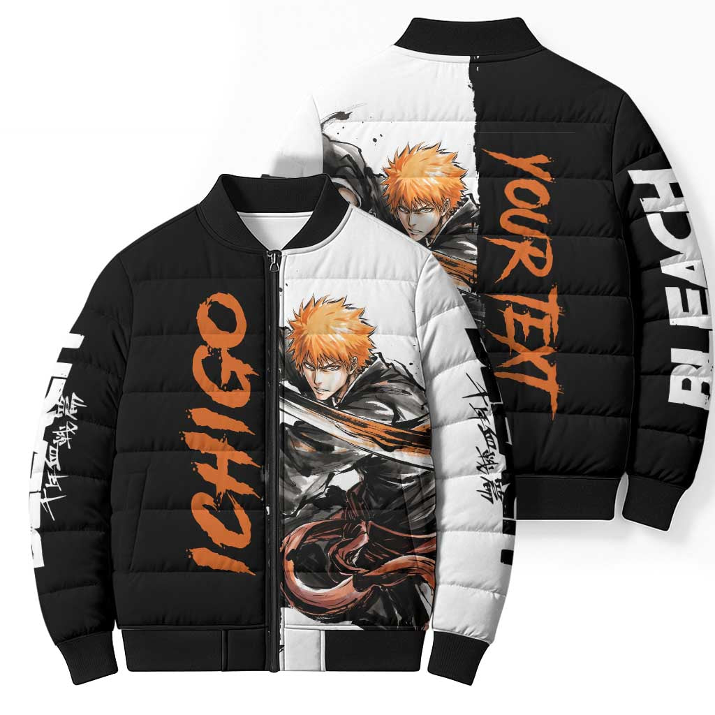 Personalized Ichigo Kurosaki Bomber Puffer Jacket Ink Splash Anime Brush Style