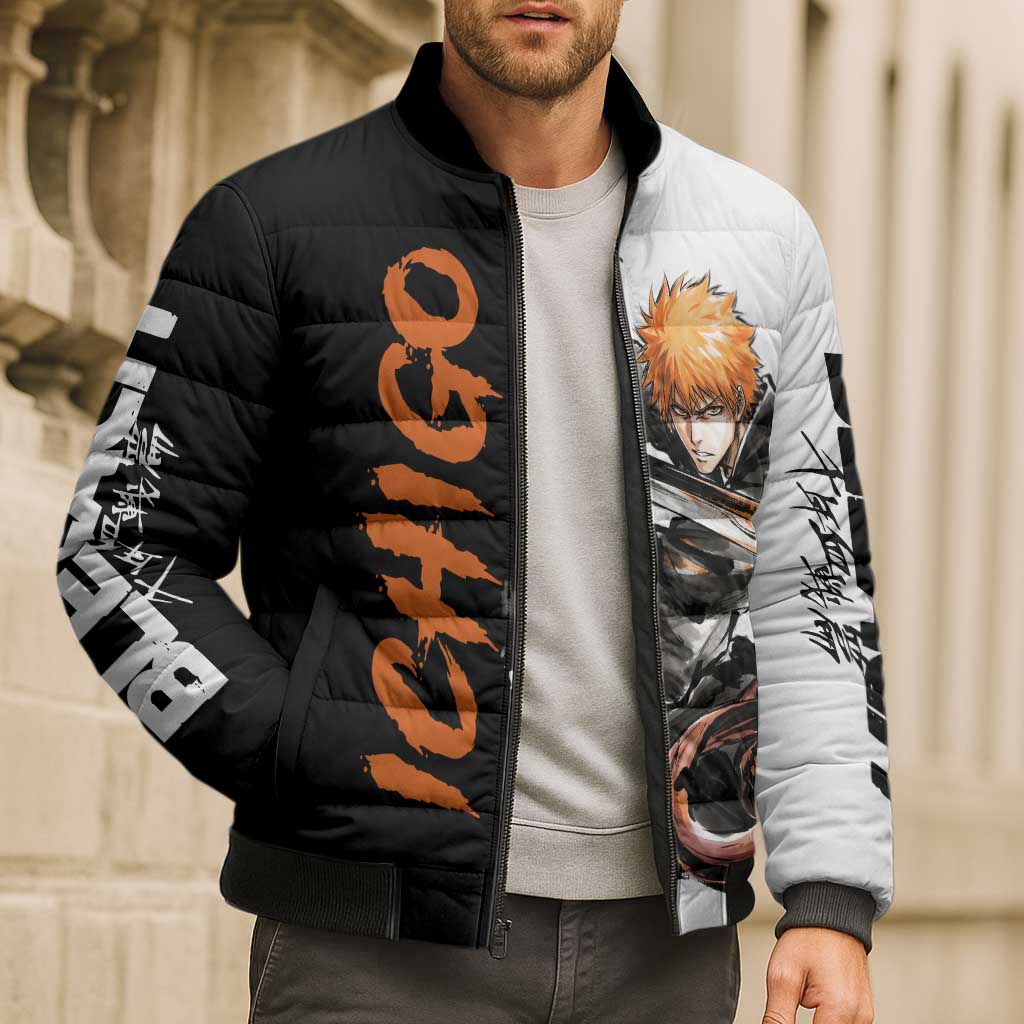 Personalized Ichigo Kurosaki Bomber Puffer Jacket Ink Splash Anime Brush Style