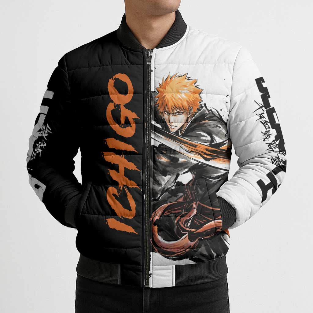 Personalized Ichigo Kurosaki Bomber Puffer Jacket Ink Splash Anime Brush Style