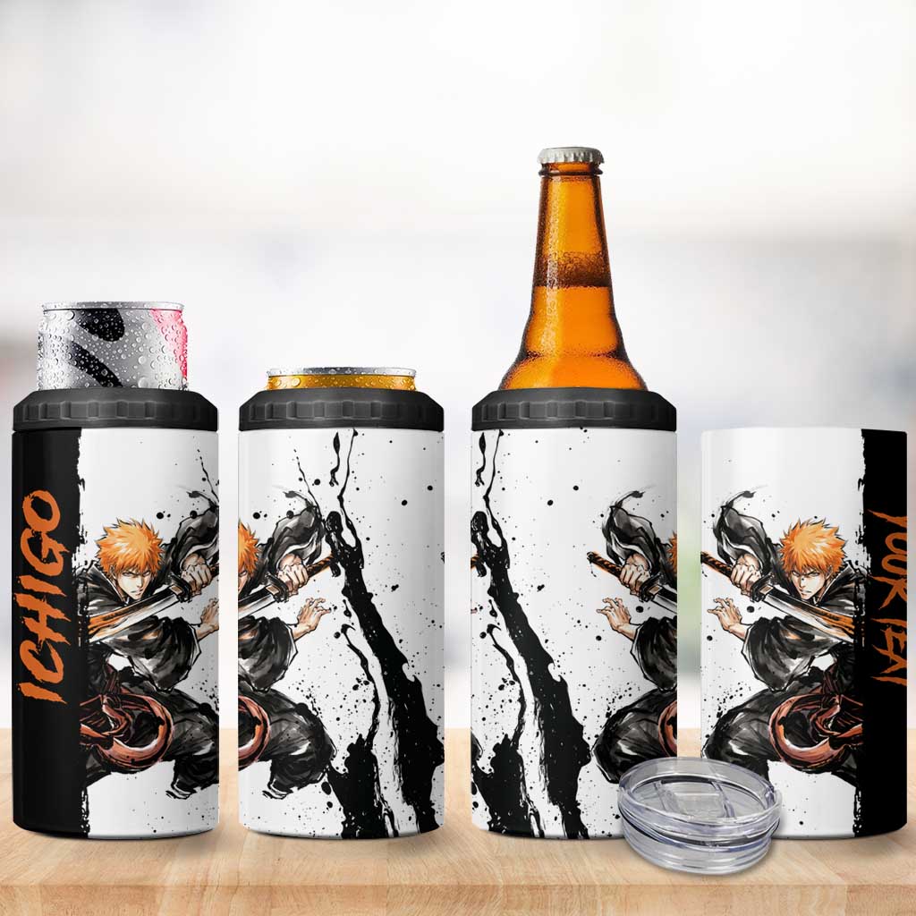 Personalized Ichigo Kurosaki 4 in 1 Can Cooler Tumbler Ink Splash Anime Brush Style