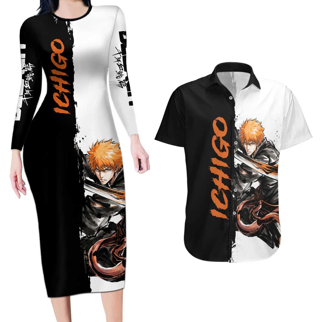 Personalized Ichigo Kurosaki Couples Matching Long Sleeve Bodycon Dress and Hawaiian Shirt Ink Splash Anime Brush Style