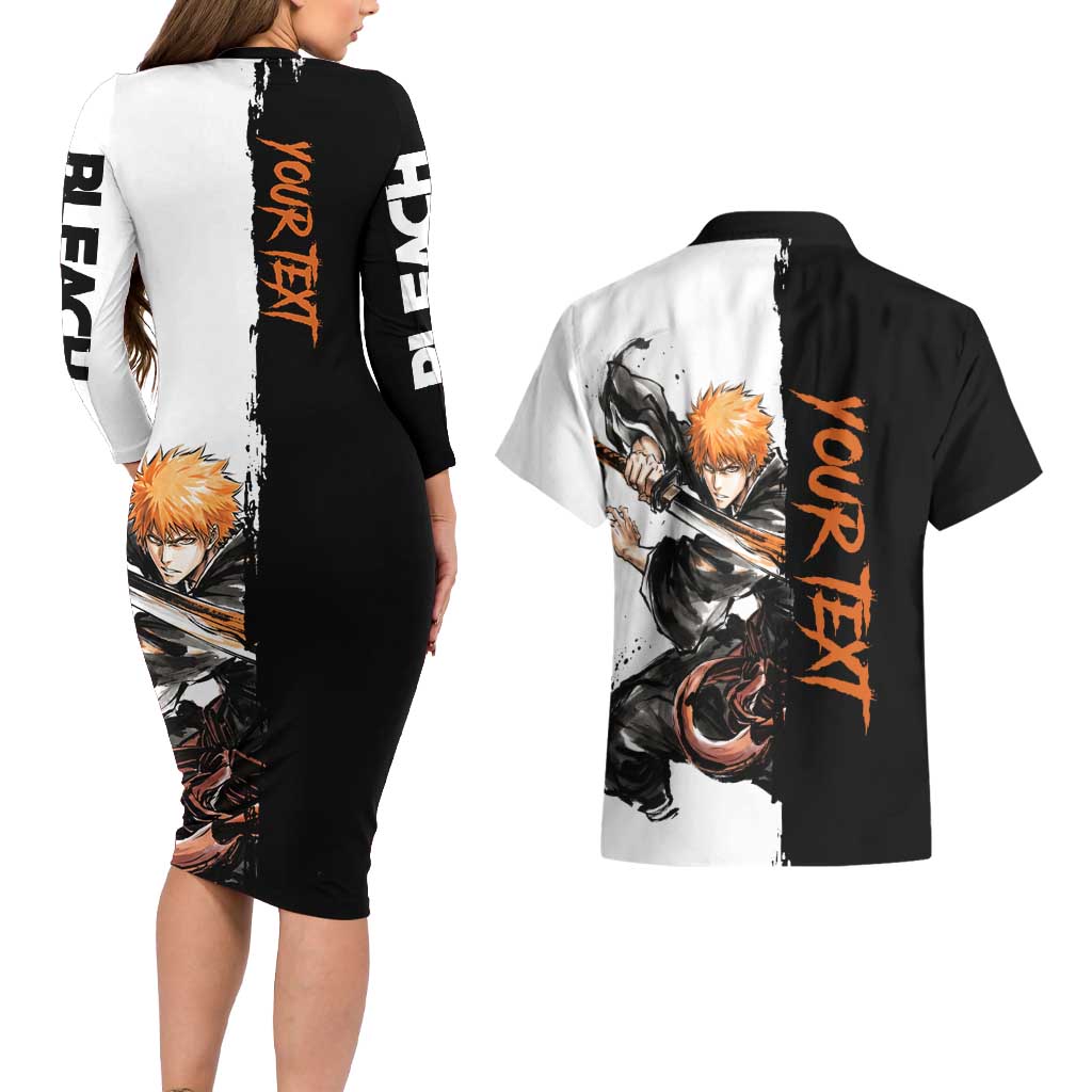 Personalized Ichigo Kurosaki Couples Matching Long Sleeve Bodycon Dress and Hawaiian Shirt Ink Splash Anime Brush Style