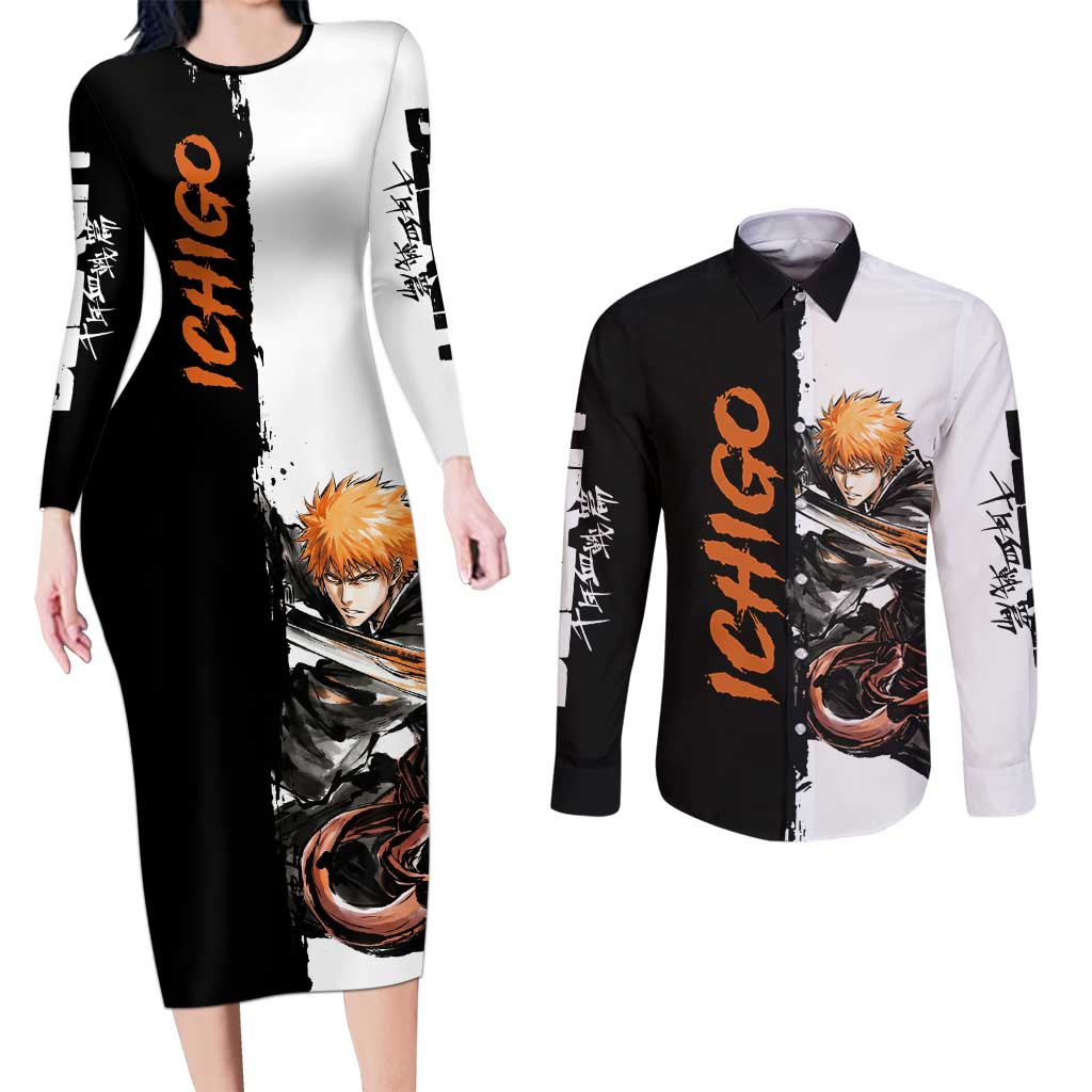 Personalized Ichigo Kurosaki Couples Matching Long Sleeve Bodycon Dress and Long Sleeve Button Shirt Ink Splash Anime Brush Style