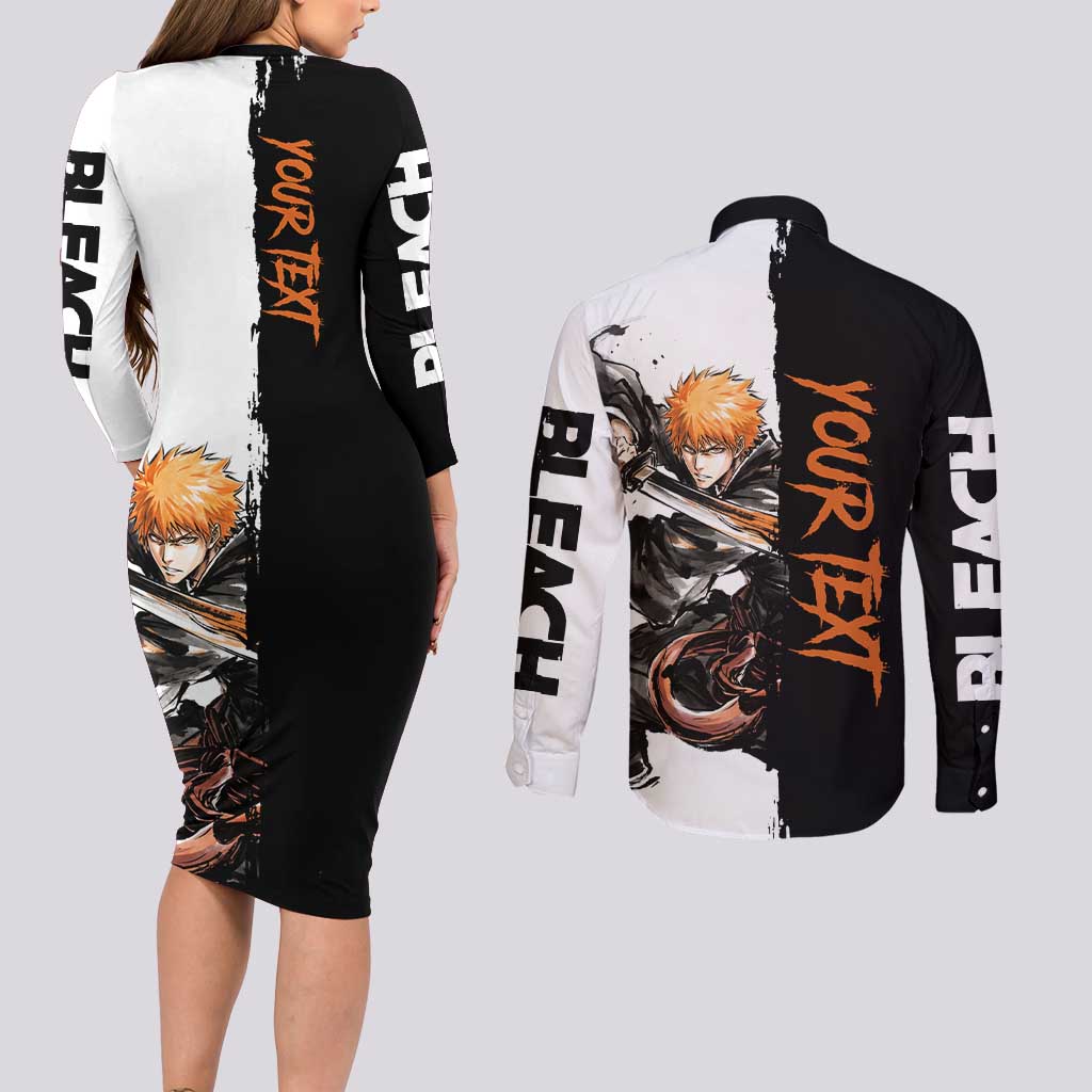 Personalized Ichigo Kurosaki Couples Matching Long Sleeve Bodycon Dress and Long Sleeve Button Shirt Ink Splash Anime Brush Style