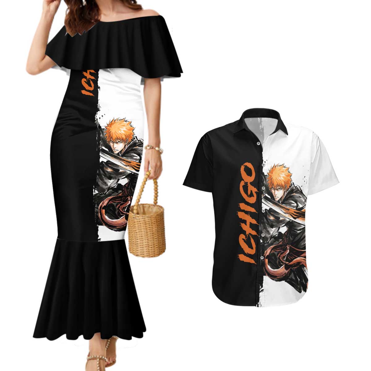 Personalized Ichigo Kurosaki Couples Matching Mermaid Dress and Hawaiian Shirt Ink Splash Anime Brush Style