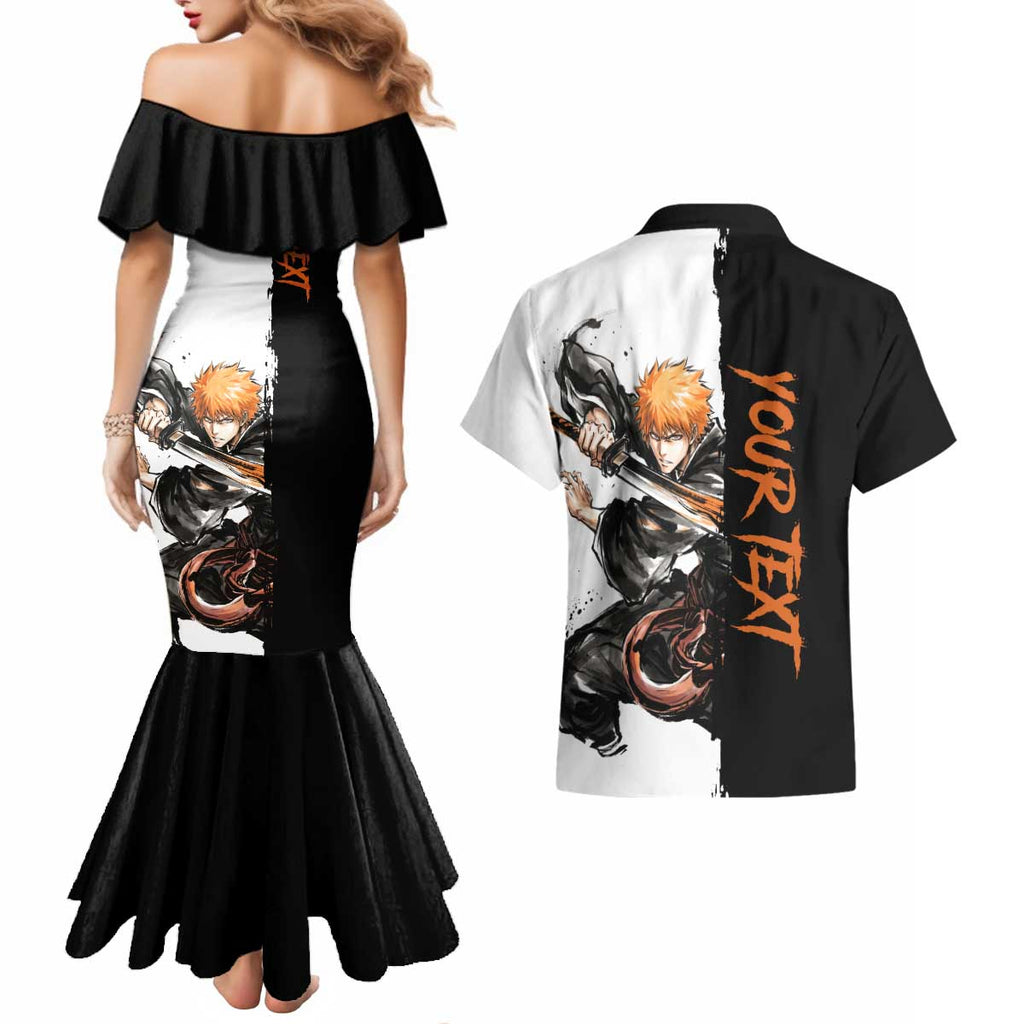 Personalized Ichigo Kurosaki Couples Matching Mermaid Dress and Hawaiian Shirt Ink Splash Anime Brush Style