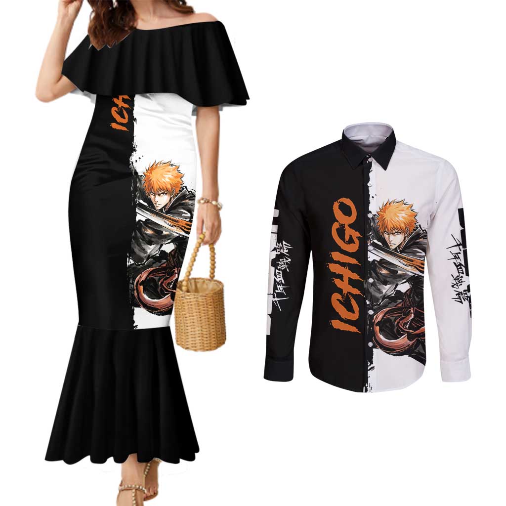 Personalized Ichigo Kurosaki Couples Matching Mermaid Dress and Long Sleeve Button Shirt Ink Splash Anime Brush Style
