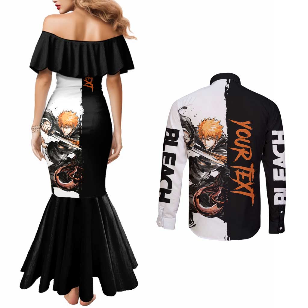 Personalized Ichigo Kurosaki Couples Matching Mermaid Dress and Long Sleeve Button Shirt Ink Splash Anime Brush Style
