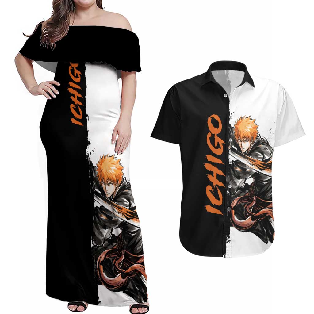 Personalized Ichigo Kurosaki Couples Matching Off Shoulder Maxi Dress and Hawaiian Shirt Ink Splash Anime Brush Style