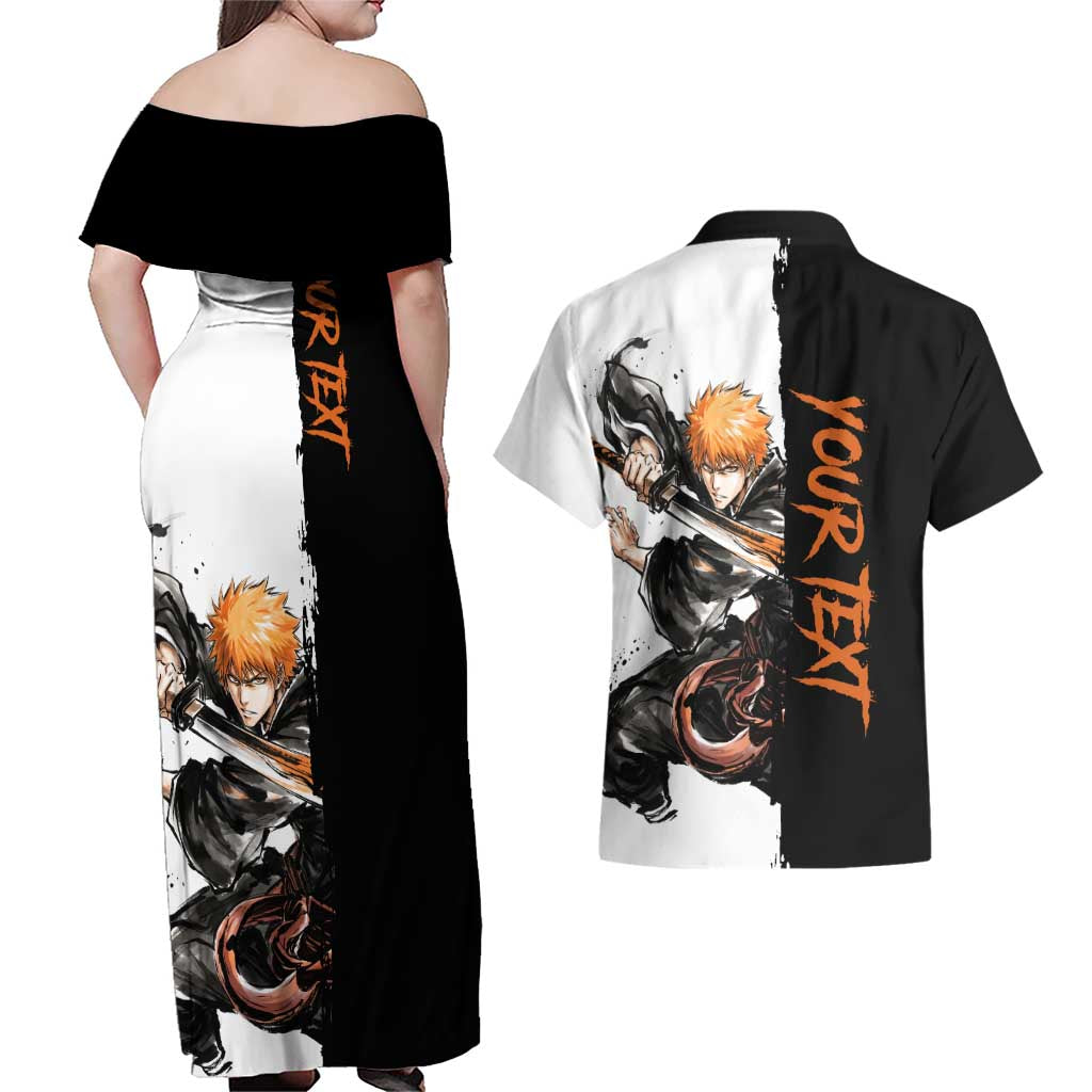 Personalized Ichigo Kurosaki Couples Matching Off Shoulder Maxi Dress and Hawaiian Shirt Ink Splash Anime Brush Style