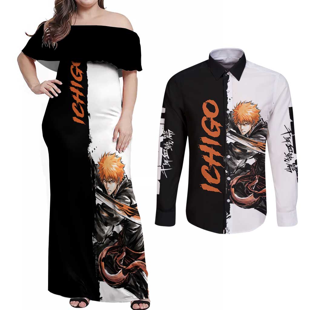 Personalized Ichigo Kurosaki Couples Matching Off Shoulder Maxi Dress and Long Sleeve Button Shirt Ink Splash Anime Brush Style