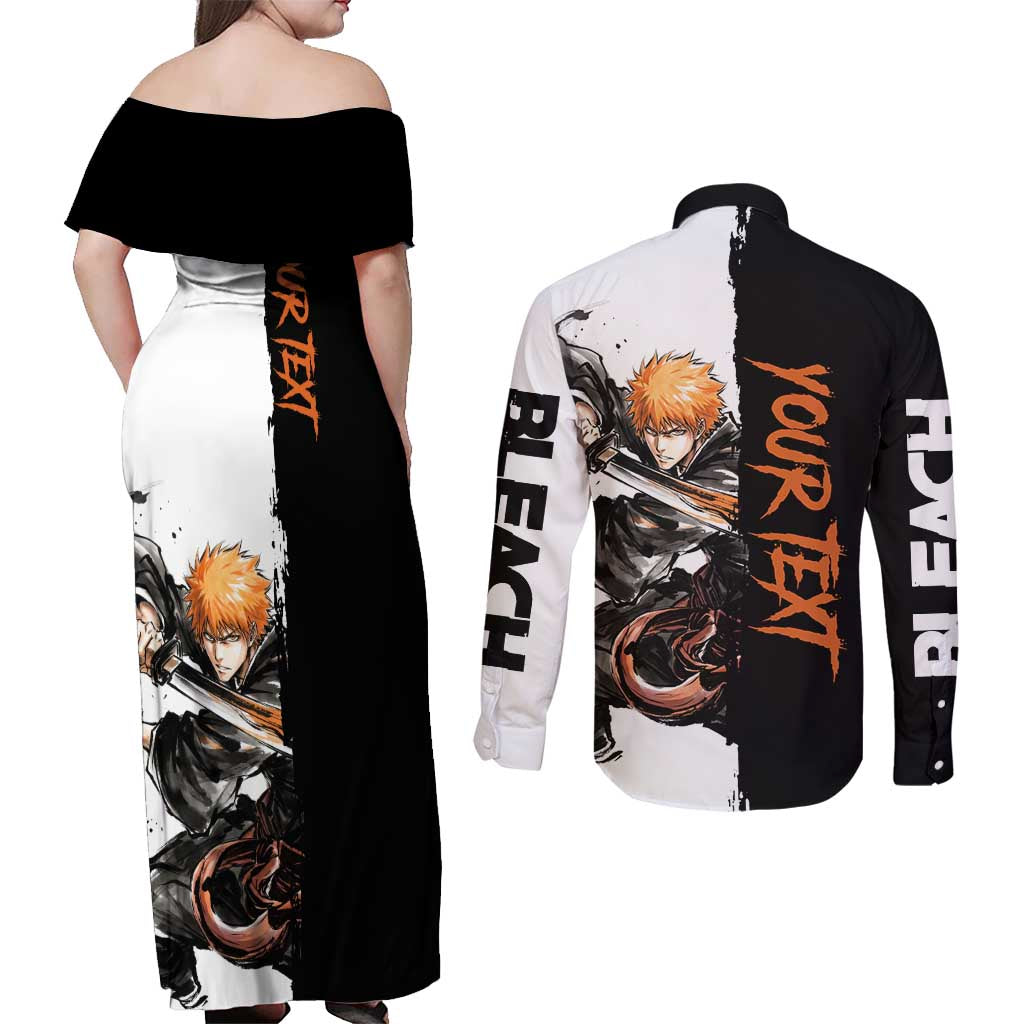 Personalized Ichigo Kurosaki Couples Matching Off Shoulder Maxi Dress and Long Sleeve Button Shirt Ink Splash Anime Brush Style