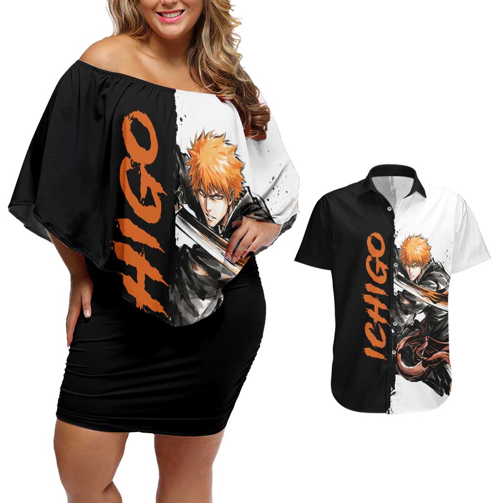 Personalized Ichigo Kurosaki Couples Matching Off Shoulder Short Dress and Hawaiian Shirt Ink Splash Anime Brush Style
